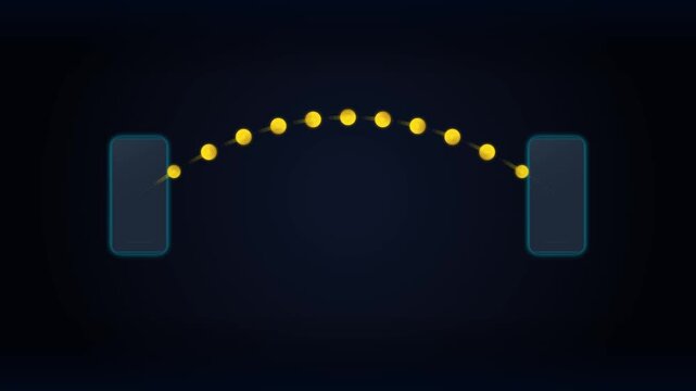 Abstract 3D render of golden spheres forming an arched connection bridge between two blue pillars on a dark navy blue background representing networking