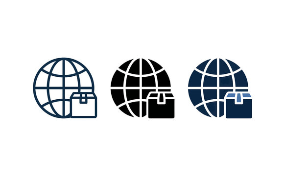 Minimalist globe icons with delivery box for international shipping and logistics design