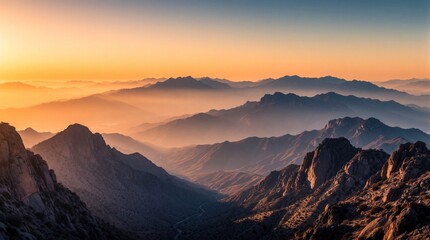 Obraz premium Hazy sunrise illuminates layered mountain ranges at dawn. Golden light casts shadows on rocky peaks. Vast, misty valleys stretch toward the horizon under a clear sky.