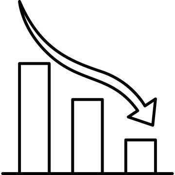 A simple black line art icon showing a decreasing bar graph and downward arrow, representing financial loss, economic recession, and negative business trends.