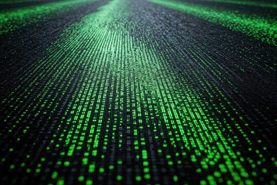 Abstract digital background with neon green pixelated pattern on dark surface. Futuristic matrix texture resembles computer code data stream flowing through cyberspace. Glowing tech grid layout