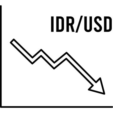 Minimal monochrome graphic featuring a declining line chart with arrow and IDR/USD text, conveying financial downturn, economic crisis, and currency devaluation.