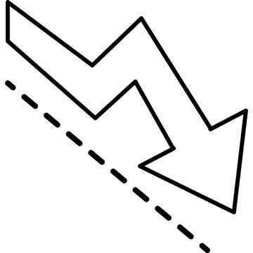 A simple black outline icon of a jagged arrow pointing downwards with a parallel dashed line, symbolizing economic decline, financial loss, or negative growth.