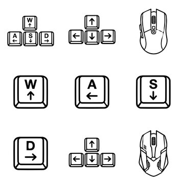 Computer gaming hardware set featuring wasd keyboard keys and navigational mouse devices