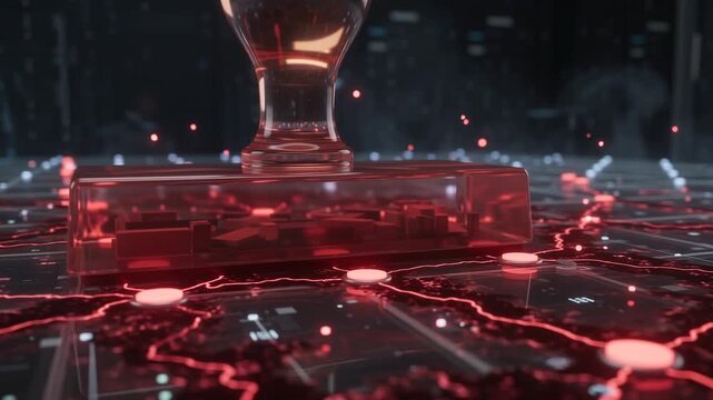 Abstract Red Stamp Impact on Futuristic Digital Grid with Glowing Network Connections