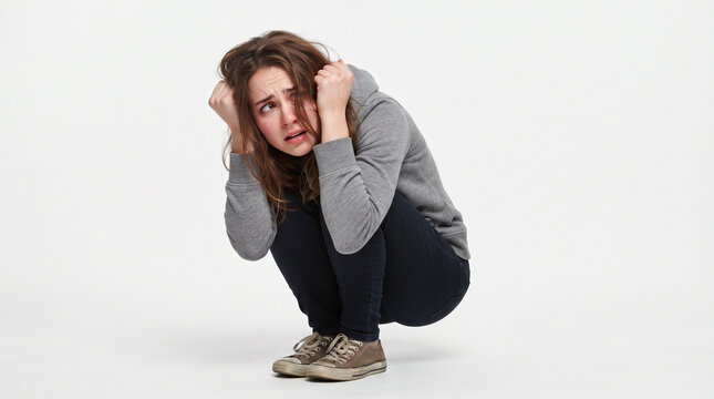 Terrified young woman suffering from schizophrenia and paranoid fear hiding anxiously isolated on clear white background
