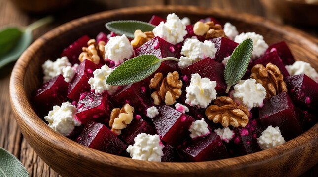 Healthy beetroot salad with cheese, walnuts, and sage leaves in wooden bowl. Colorful vegan dish on rustic table, fresh ingredients for tasty meal, perfect for diet.