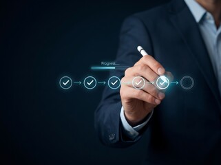 Obraz premium Project advancement technology concept showing glowing checkpoints, task completion, business efficiency, and progress