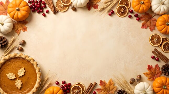 Festive thanksgiving background featuring a decorative border of pumpkins and autumn harvest elements with copy space