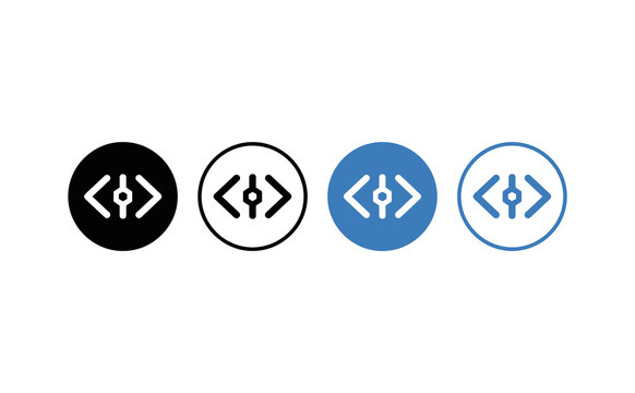 Minimalist code icon set with black and blue vector symbols against white background