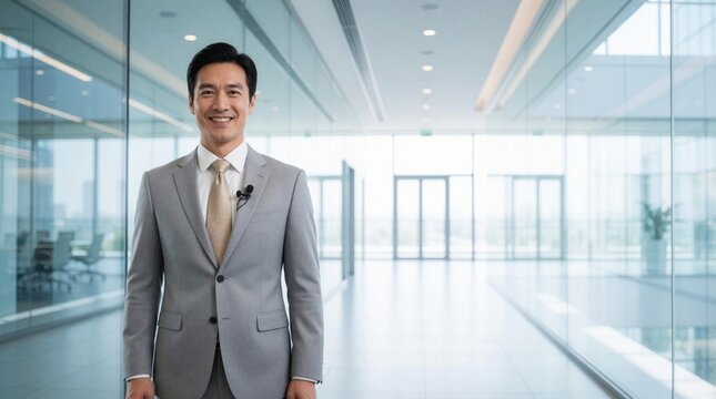Smiling Asian businessman in grey suit stands in modern office corridor. Confident professional male wears lavalier microphone for interview presentation. Successful executive works in bright