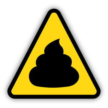 Yellow triangle caution sign with poop icon to warn for waste hazards or dirty area. Transparent background.