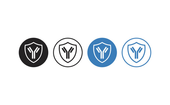 Minimalist antibody shield icons featuring blue and black circular medical symbols