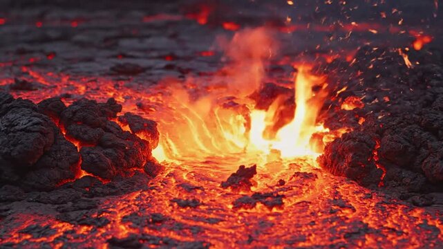 Glowing hot lava flowing and exploding with fiery sparks during volcanic eruption.