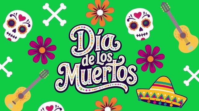 A motion graphics video featuring a skull and decorative floral art design for the D&iacute;a de los Muertos (Day of the Dead) celebration, set against a green background.