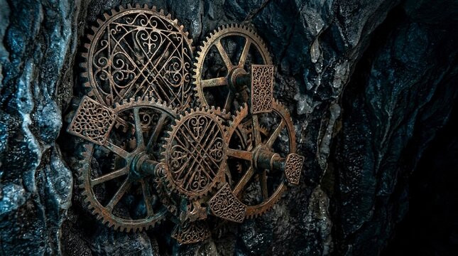 Ornate gears embedded in a dark rocky wall
