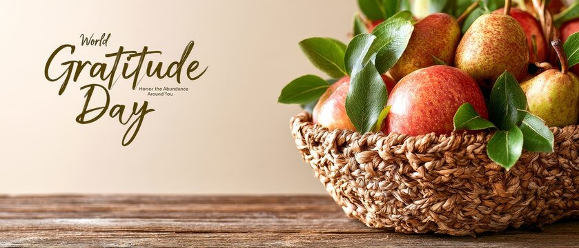 Celebrating world gratitude day with a beautiful basket of fresh apples and pears for a thankful heart