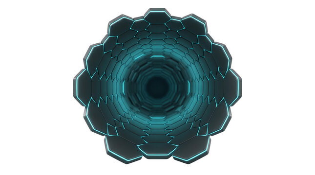 Futuristic cyan portal with mechanical layers, glowing sci-fi tunnel on white background, high-tech circular engine core design