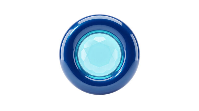 Glossy blue button icon, 3D circular web element with light blue center, shiny plastic sphere for interface design