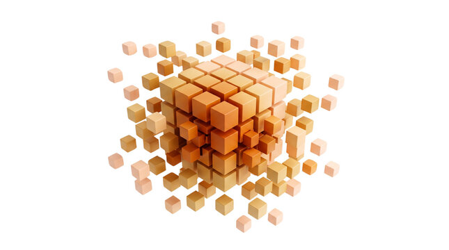 Abstract orange 3D cubes exploding on white background. Geometric block structure shattering. Digital data visualization concept.