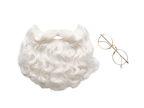 Santa Claus white beard and gold glasses on white background. Christmas costume accessories, curly white beard with mustache and spectacles.