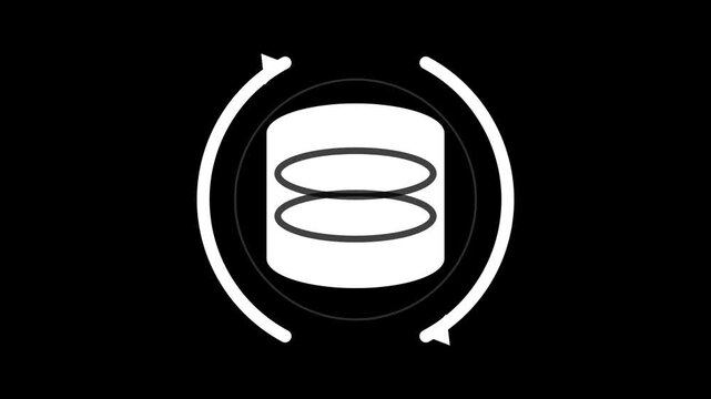 Database Sync Animation with Rotating Arrows on Black Background, Data Backup and Update 4K