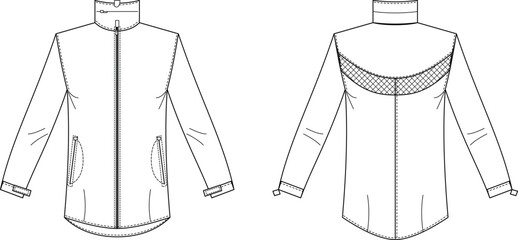 Long sleeve zip-up jacket technical flat sketch template front and back view © MstMukchina