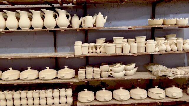 Shelves filled with unfinished ceramic pottery, teapots, and kitchenware in a factory storage