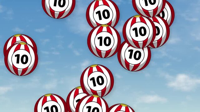 Animated Red and White Numbered Balls Falling Against Blue Sky