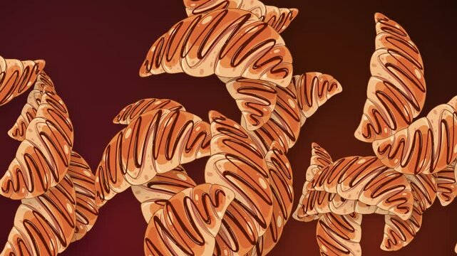 Animated Chocolate Drizzled Croissants Falling Against a Dark Red Background