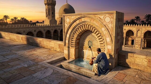 Man performing ablution at a mosque fountain at sunset