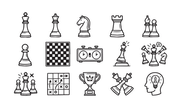 Minimalist chess line icon collection with game pieces board timer and tactical signs.
