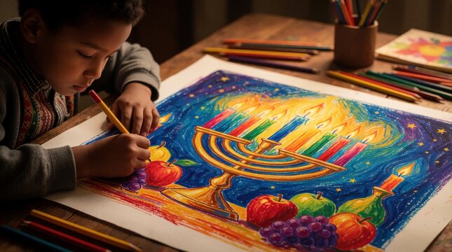 Young boy draws colorful Kwanzaa artwork at table. Child creates festive holiday art with crayons, celebrating culture and family tradition.
