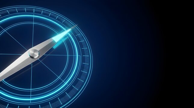 Close Up of Futuristic Holographic Compass Rose with Neon Blue Glowing Coordinate Dial