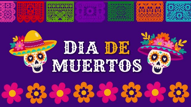 D&iacute;a de Muertos celebration mexican with skulls and flowers ,4k video animated day of the Dead.