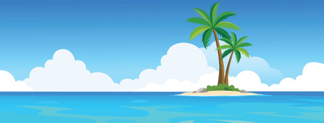 Tropical Island Paradise In The Middle Of Blue Ocean Flat Vector Landscape Background
