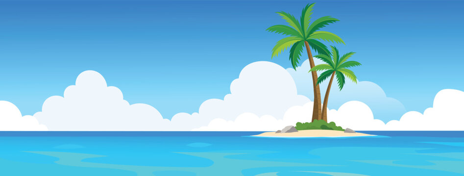 Tropical Island Paradise In The Middle Of Blue Ocean Flat Vector Landscape Background