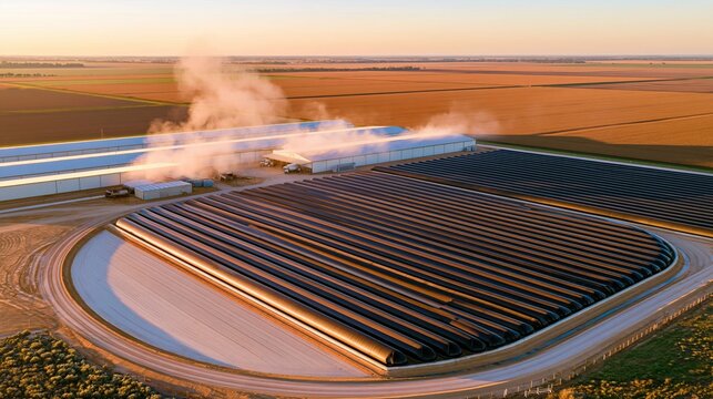 Aerial view of composting facility with windrows under golden hour light