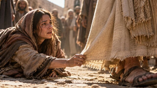 Jesus Christ's robe touched on a dusty ancient street, symbolizing healing, faith, and divine restoration.