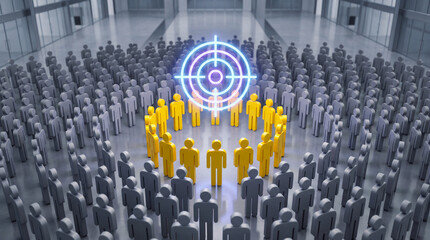Fototapeta premium Crowd forming a circle around a glowing target symbol, representing focus and collective goals, business strategy, team alignment