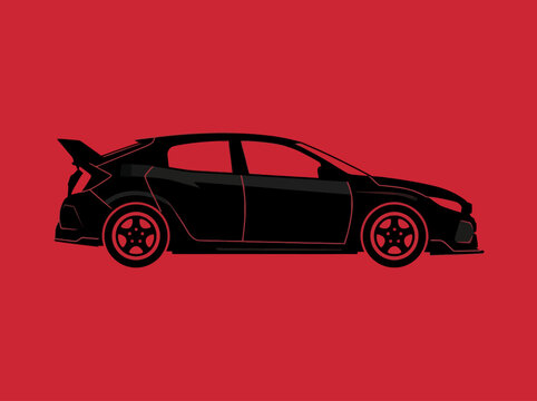 Minimalist black and red silhouette of a performance hatchback with racing spoiler on a vibrant red background.