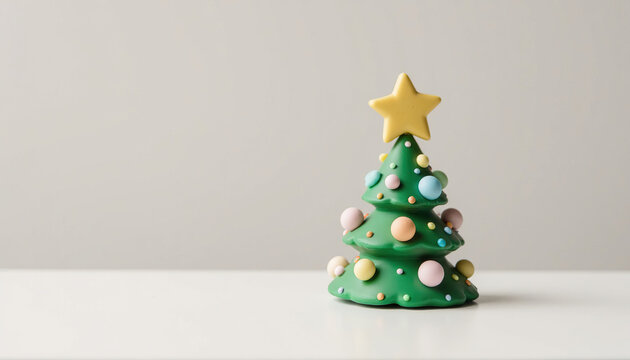 Cute miniature plasticine Christmas tree with yellow star on white background