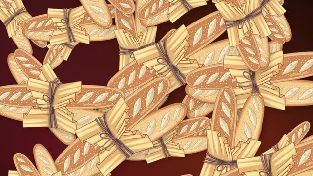 Animated Falling Baguette Bundles on Dark Red Gradient Background
