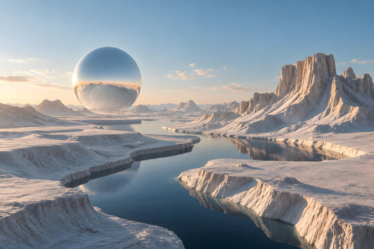 Surreal White Desert Valley with Floating Mirror Sphere