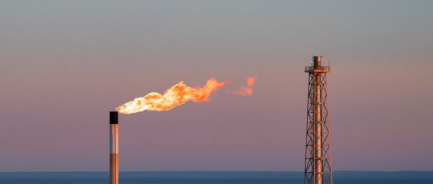Industrial flare stack emitting flame at dusk with sky gradient and metal tower