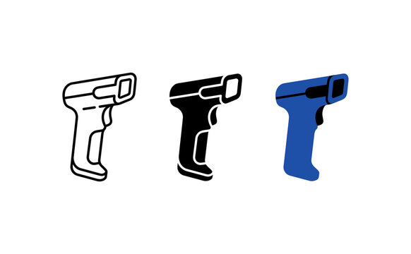 Minimalist barcode scanner vector icons set in black and blue outline style