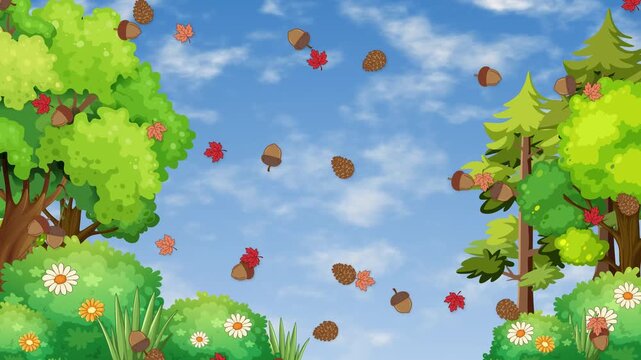Cartoon Forest Animation with Falling Acorns Pinecones and Leaves