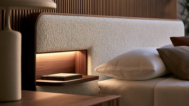 Modern luxury bedroom interior with minimalist wooden headboard and warm ambient lighting.
