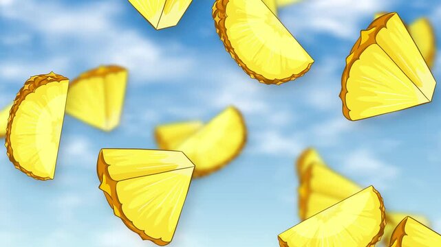 Animated Pineapple Slices Falling Through a Bright Blue Sky