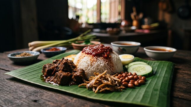 Traditional nasi lemak dish featuring coconut rice beef rendang anchovies egg and fresh cucumber slices served